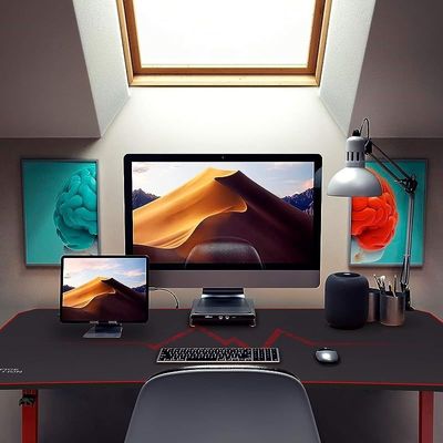 44 Inch Gaming Desk T-Shaped PC Computer Table with Carbon Fibre Surface Free Mouse Pad Home Office Desk Gamer Table Pro with Game Handle Rack Headphone Hook and Cup Holder (Red)