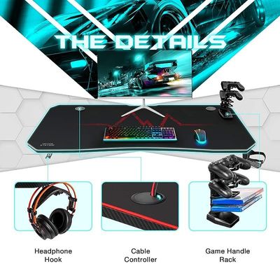 44 Inch Gaming Desk T-Shaped PC Computer Table with Carbon Fibre Surface Free Mouse Pad Home Office Desk Gamer Table Pro with Game Handle Rack Headphone Hook and Cup Holder (Red)