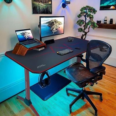 44 Inch Gaming Desk T-Shaped PC Computer Table with Carbon Fibre Surface Free Mouse Pad Home Office Desk Gamer Table Pro with Game Handle Rack Headphone Hook and Cup Holder (Red)