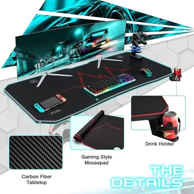 44 Inch Gaming Desk T-Shaped PC Computer Table with Carbon Fibre Surface Free Mouse Pad Home Office Desk Gamer Table Pro with Game Handle Rack Headphone Hook and Cup Holder (Red)