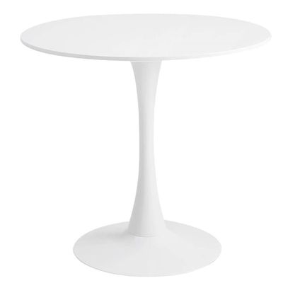 طاولة طعام مستديرة حديثة بيضاء مع قاعدة قاعدة في تصميم الخزامى، طاولة ترفيهية في منتصف القرن لغرفة الطعام والمطبخ غرفة المعيشة