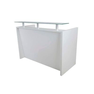 R06 Modern Reception Counter Desk with Floating Glass Top, Storage Feature Front Office Desk, Lockable 3 Storage Section, 120cm (White)