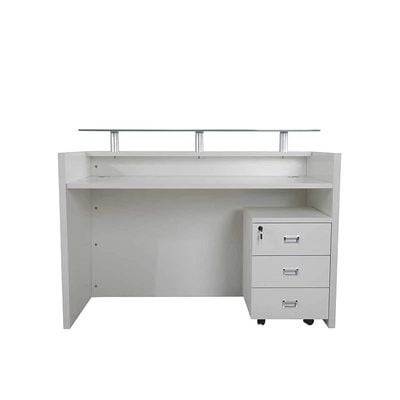 R06 Modern Reception Counter Desk with Floating Glass Top, Storage Feature Front Office Desk, Lockable 3 Storage Section, 120cm (White)