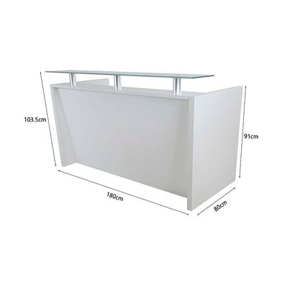 R06 Modern Reception Counter Desk with Floating Glass Top, Storage Feature Front Office Desk, Lockable 3 Storage Section, 180cm (White)