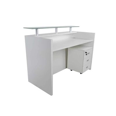 R06 Modern Reception Counter Desk with Floating Glass Top, Storage Feature Front Office Desk, Lockable 3 Storage Section, 180cm (White)