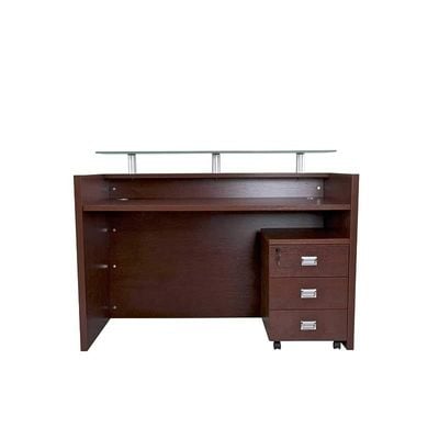 Modern Reception Desk Apple cherry with Lockable Mobile Drawer| Glass Top Desk| Office Reception Desk | Reception Counter | Reception Table-120Cm (Apple Cherry)