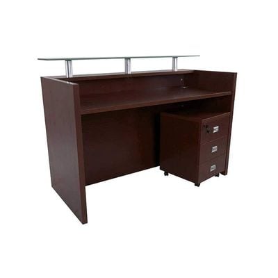 R06 Modern Reception Counter Desk with Floating Glass Top, Storage Feature Front Office Desk, Lockable 3 Storage Section, 160cm (Apple Cherry)