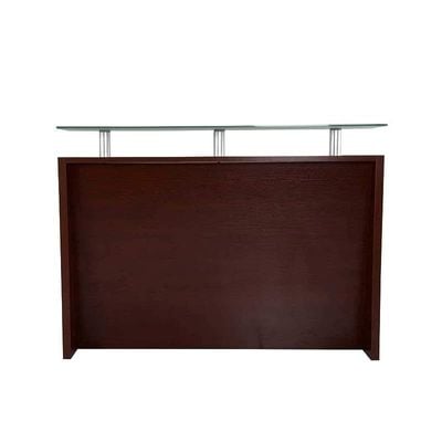 R06 Modern Reception Counter Desk with Floating Glass Top, Storage Feature Front Office Desk, Lockable 3 Storage Section, 160cm (Apple Cherry)