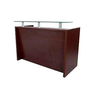 R06 Modern Reception Counter Desk with Floating Glass Top, Storage Feature Front Office Desk, Lockable 3 Storage Section, 160cm (Apple Cherry)