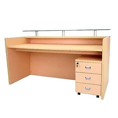 R06 Modern Reception Counter Desk with Floating Glass Top, Storage Feature Front Office Desk, Lockable 3 Storage Section, 160cm (Oak)