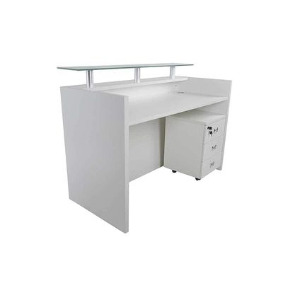 R06 Modern Reception Counter Desk with Floating Glass Top, Storage Feature Front Office Desk, Lockable 3 Storage Section, 160cm (White)