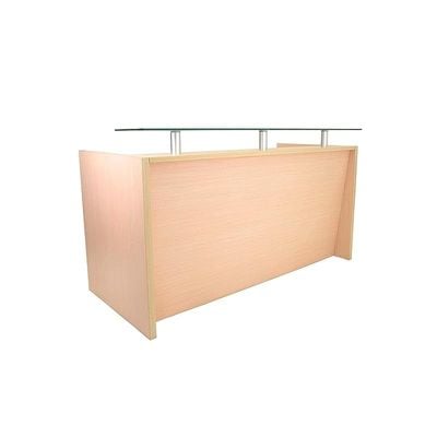 R06 Modern Reception Counter Desk with Floating Glass Top, Storage Feature Front Office Desk, Lockable 3 Storage Section, 140cm (Oak)