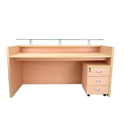 R06 Modern Reception Counter Desk with Floating Glass Top, Storage Feature Front Office Desk, Lockable 3 Storage Section, 180cm (Oak)