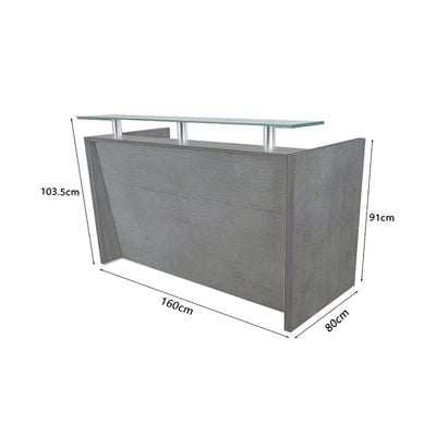 R06 Modern Reception Counter Desk with Floating Glass Top, Front Office Desk, 160Cm (Light Concrete)