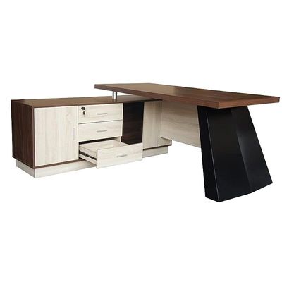 Elegante 191-18 Modern Executive Desk Dark Walnut, L Desk Corner Computer Workstation Table with Desktop Shelf, Home Office Melamine L-Shaped Desk with 3 Drawers &amp; Big Storage Cabinet Desk