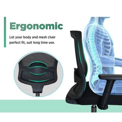 Ergonomic Adjustable Office Chair with Adjustable Arm Rests, Lumbar Support, Contoured Back, and Seat Cushion - Comfortable Seating Solution for Office and Home - Ergonomic Black Medium Back
