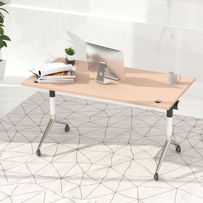 ZF-08A Multipurpose Foldable Training/Computer Table, Adjustable Standing Desk, Home Office Modern Folding Table with 2 Grommets for Wire Management - White (Oak)