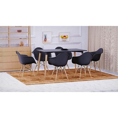 Mahmayi Cenare 7-Piece Dining Set, 140x80 Dining Table & 6 DAW Arm Chairs - Black Finish for Modern Dining Room Furniture, Family Meals, Dinner Parties, Comfortable Seating Experience
