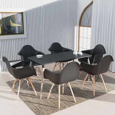 Mahmayi Cenare 7-Piece Dining Set, 140x80 Dining Table & 6 DAW Arm Chairs - Black Finish for Modern Dining Room Furniture, Family Meals, Dinner Parties, Comfortable Seating Experience