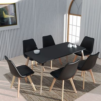 Mahmayi Cenare 7-Piece Dining Set, 140x80 Dining Table & 6 PU Chairs - Black Finish for Modern Dining Room Furniture, Family Meals, Dinner Parties, Comfortable Seating Experience