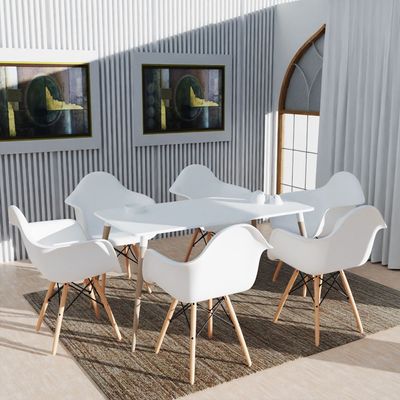 Mahmayi Cenare 7-Piece Dining Set, 140x80 Dining Table & 6 DAW Arm Chairs - White Finish for Modern Dining Room Furniture, Family Meals, Dinner Parties, Comfortable Seating Experience