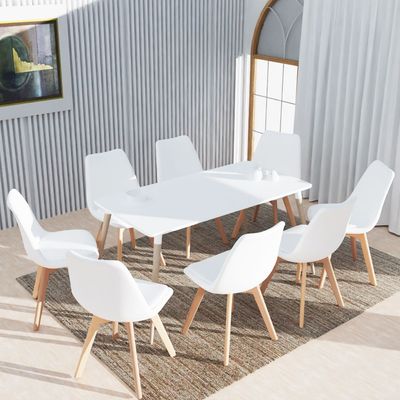 Mahmayi Cenare 9-Piece Dining Set, 160x80 Dining Table & 8 PU Chairs - White Finish for Modern Dining Room Furniture, Family Meals, Dinner Parties, Comfortable Seating Experience