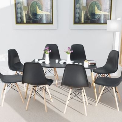 Mahmayi Cenare 9-Piece Dining Set, 160x80 Dining Table & 8 DSW Plastic Chairs - Black Finish for Modern Dining Room Furniture, Family Meals, Dinner Parties, Comfortable Seating Experience