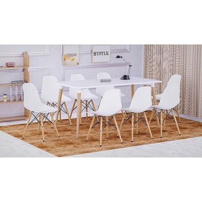 Mahmayi Cenare 9-Piece Dining Set, 160x80 Dining Table & 8 DSW Plastic Chairs - White Finish for Modern Dining Room Furniture, Family Meals, Dinner Parties, Comfortable Seating Experience