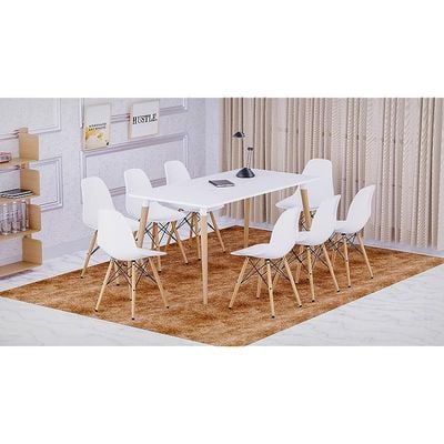 Mahmayi Cenare 9-Piece Dining Set, 160x80 Dining Table & 8 DSW Plastic Chairs - White Finish for Modern Dining Room Furniture, Family Meals, Dinner Parties, Comfortable Seating Experience