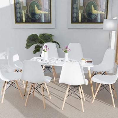 Mahmayi Cenare 9-Piece Dining Set, 160x80 Dining Table & 8 DSW Plastic Chairs - White Finish for Modern Dining Room Furniture, Family Meals, Dinner Parties, Comfortable Seating Experience