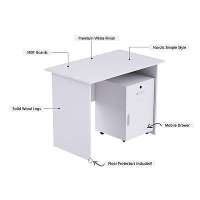 Mahmayi MP1 120x60 Writing Table with Mobile Drawer - Modern Office Desk for Home & Work, Ergonomic Design, Study Desk with Storage, Sturdy Computer Table for Office, Bedroom, Living Room (White)