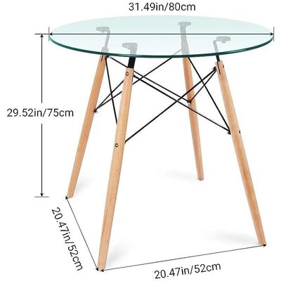 HYT12 110DIA Glass Round Table with Wooden Legs Coffee Table for Living Room, Bed Room, Eiffel Support 110CM (White)