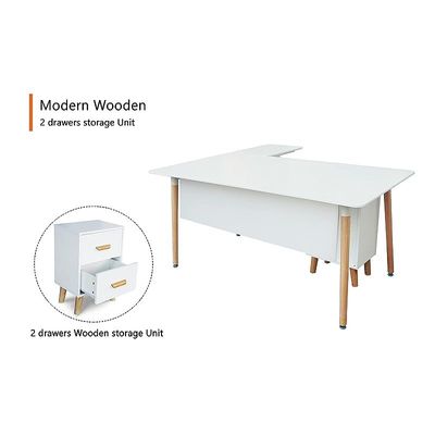 HYT34-16L Modern Office Workstation for Front Office Use, Smooth Surface Material With 303-2 Series Nightstand Wooden Side Table Storage unit with solid wooden legs - (160Cms, White)