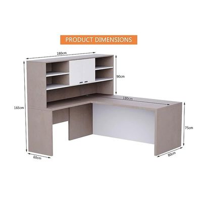 Stylish L-Shaped Executive Desk with Height Storage Feature Presented by Mahmayi, Sturdy Wooden Desks for Offices, Home, School, Reception, Computer - Light Concrete-Premium White (180 Cm)