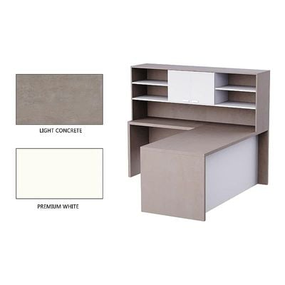 Stylish L-Shaped Executive Desk with Height Storage Feature Presented by Mahmayi, Sturdy Wooden Desks for Offices, Home, School, Reception, Computer - Light Concrete-Premium White (180 Cm)