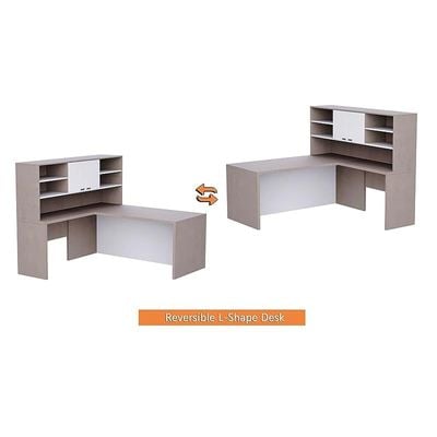 Stylish L-Shaped Executive Desk with Height Storage Feature Presented by Mahmayi, Sturdy Wooden Desks for Offices, Home, School, Reception, Computer - Light Concrete-Premium White (180 Cm)