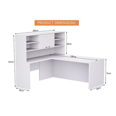 Simplistic L-Shaped Executive Desk with Height Storage Feature Presented by Mahmayi, Sturdy Wooden Desks for Offices, Home, School, Reception, Computer - Premium White (180 Cm)