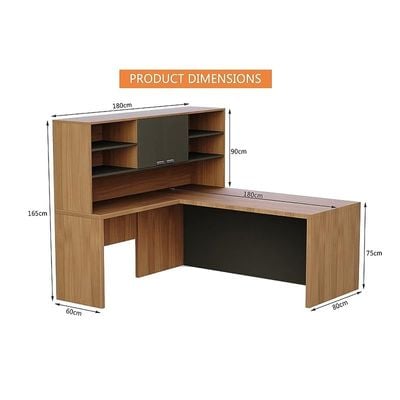 Modernistic L-Shaped Executive Desk with Height Storage Feature Presented by Mahmayi, Sturdy Wooden Desks for Offices, Home, School, Reception, Computer - Natural Dijon Walnut-Lava Grey (180 Cm)