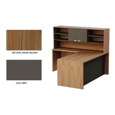 Modernistic L-Shaped Executive Desk with Height Storage Feature Presented by Mahmayi, Sturdy Wooden Desks for Offices, Home, School, Reception, Computer - Natural Dijon Walnut-Lava Grey (180 Cm)