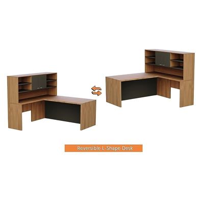 Modernistic L-Shaped Executive Desk with Height Storage Feature Presented by Mahmayi, Sturdy Wooden Desks for Offices, Home, School, Reception, Computer - Natural Dijon Walnut-Lava Grey (180 Cm)