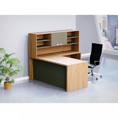 Modernistic L-Shaped Executive Desk with Height Storage Feature Presented by Mahmayi, Sturdy Wooden Desks for Offices, Home, School, Reception, Computer - Natural Dijon Walnut-Lava Grey (180 Cm)