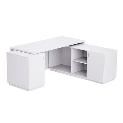 Specialties L Shaped Workstation Table with Storage Shelves and Cabinet for Home &amp; Office - Contemporary Style L Shaped Computer Desk Premium White