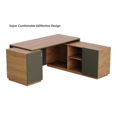 Specialties L Shaped Workstation Table with Storage Shelves and Cabinet for Home &amp; Office - Contemporary Style L Shaped Computer Desk Natural Dijon Walnut-Lava Grey