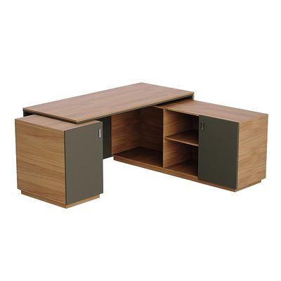 Specialties L Shaped Workstation Table with Storage Shelves and Cabinet for Home &amp; Office - Contemporary Style L Shaped Computer Desk Natural Dijon Walnut-Lava Grey