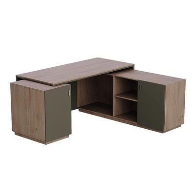 Specialties L Shaped Workstation Table with Storage Shelves and Cabinet for Home &amp; Office - Contemporary Style L Shaped Computer Desk Truffle Davos Oak-Lava Grey