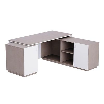 Specialties L Shaped Workstation Table with Storage Shelves and Cabinet for Home &amp; Office - Contemporary Style L Shaped Computer Desk Light Concrete-Premium White