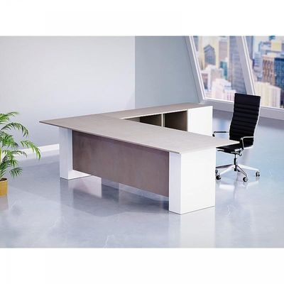 L Shaped Workstation Table with Storage Shelves and Cabinet for Home &amp; Office Used L Shaped Computer (Light Concrete/White)