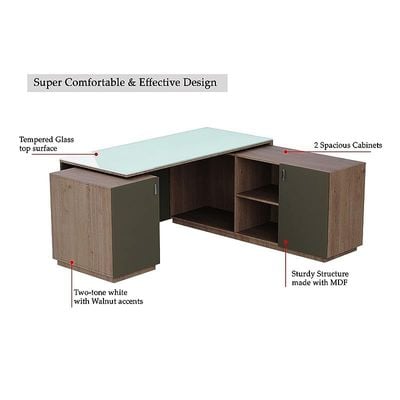 Specialties L Shaped Glass Executive Table with Storage Shelves and Cabinet for Home &amp; Office Contemporary Style L Shaped Computer Desk - Truffle Davos Oak/Grey