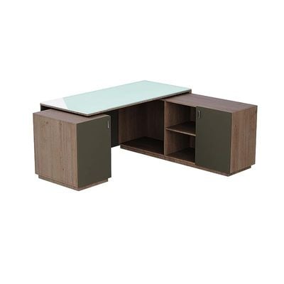 Specialties L Shaped Glass Executive Table with Storage Shelves and Cabinet for Home &amp; Office Contemporary Style L Shaped Computer Desk - Truffle Davos Oak/Grey