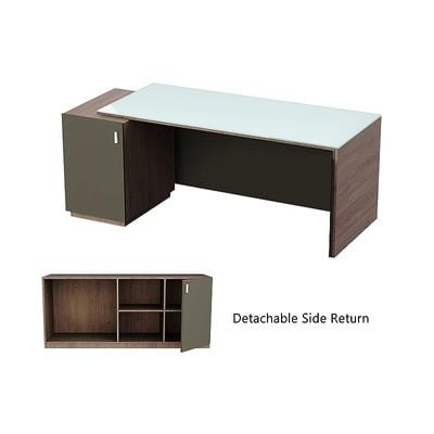 Specialties L Shaped Glass Executive Table with Storage Shelves and Cabinet for Home &amp; Office Contemporary Style L Shaped Computer Desk - Truffle Davos Oak/Grey